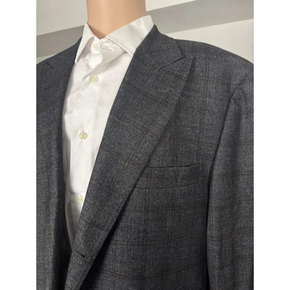 Brunello Cucinelli Wool Cashmere Charcoal Brown Windowpane IT 58/48R US Peak Lap